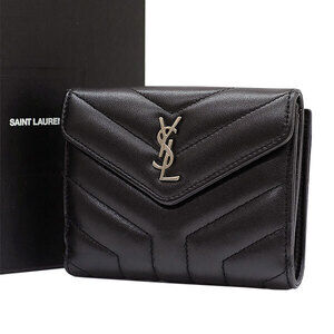 SAINT LAURENT Compact Wallet V Stitch Leather Black YSL